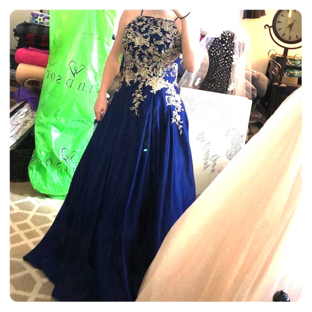 Navy blue and gold prom dress